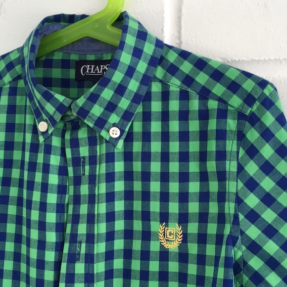 Classic Preppy Boys Navy Blue/Kelly Green Chaps Checkered Button-Down Size 5 - Picture 3 of 8
